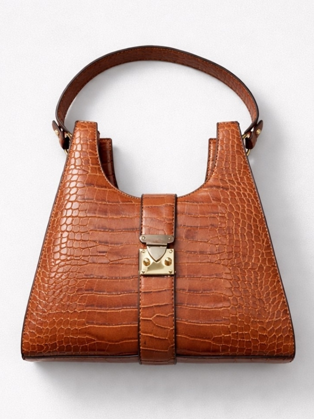 Tan Croc-Embossed Faux Leather Shoulder Bag